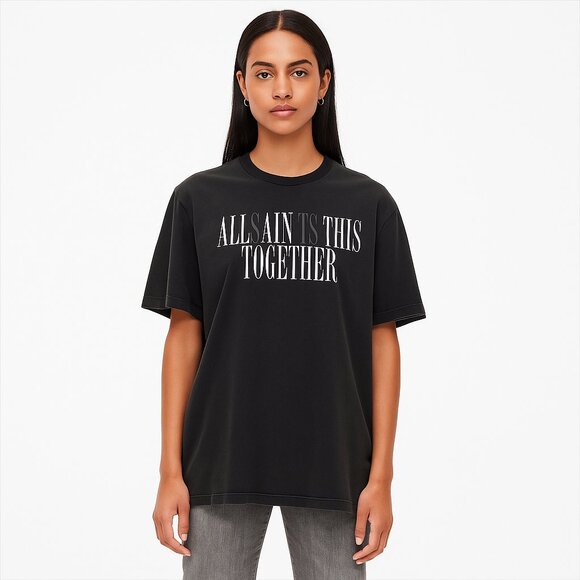 ALL SAINTS Together Crew T-Shirt in washed Black/Optic Oversized fit XL - Picture 1 of 8